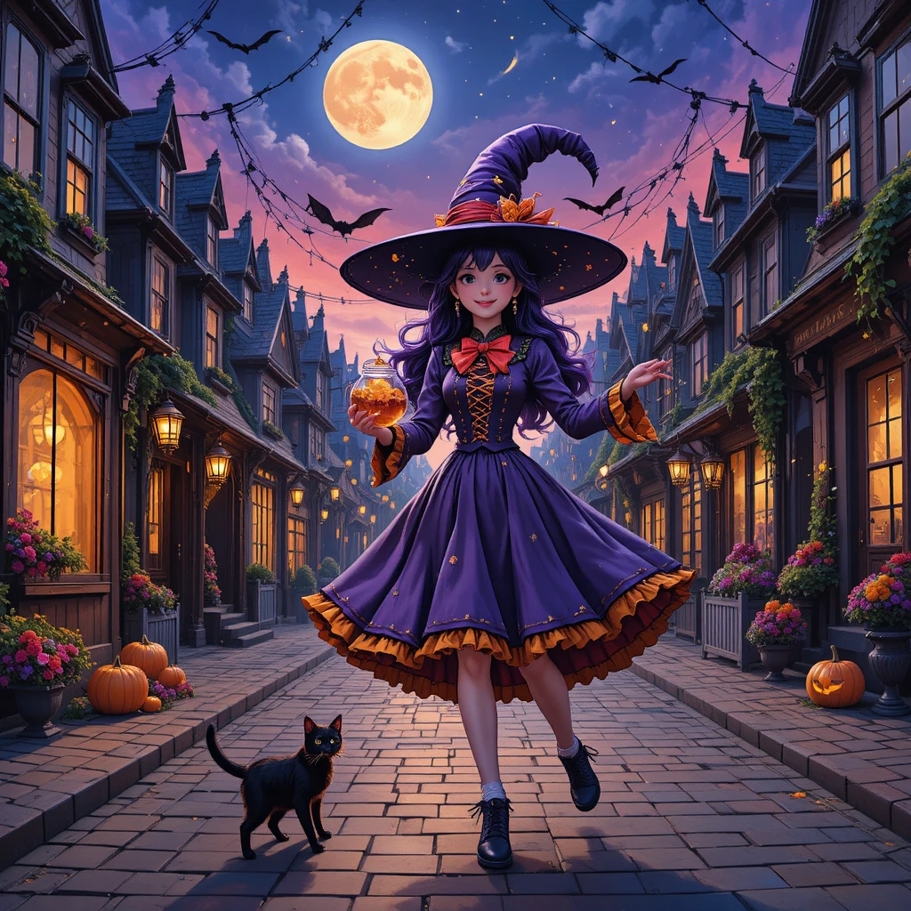 Eine junge Anime-Hexe spaziert durch eine festlich geschmückte Halloween-Dorfstraße