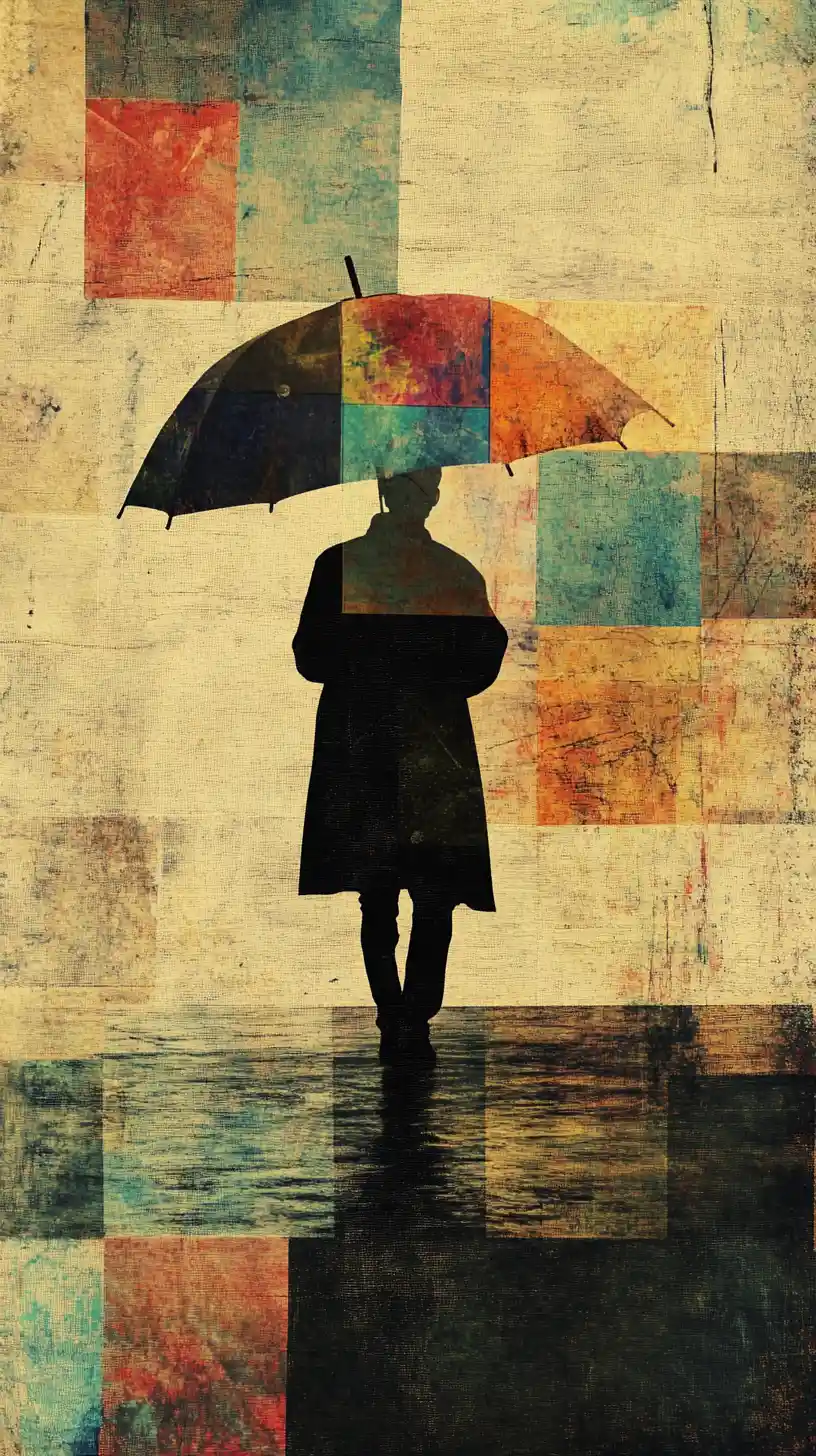 A patchwork umbrella dissolves into digital fragments as a figure holds its threads