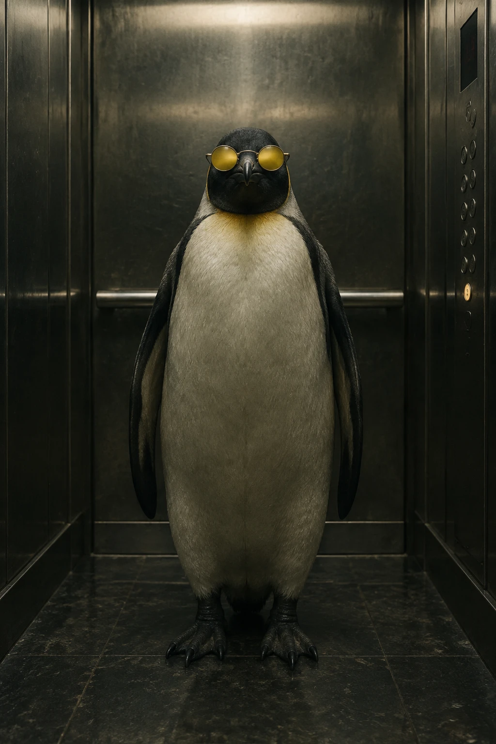 Un pinguino a figura intera con occhiali da sole rotondi gialli guarda la fotocamera in un ascensore