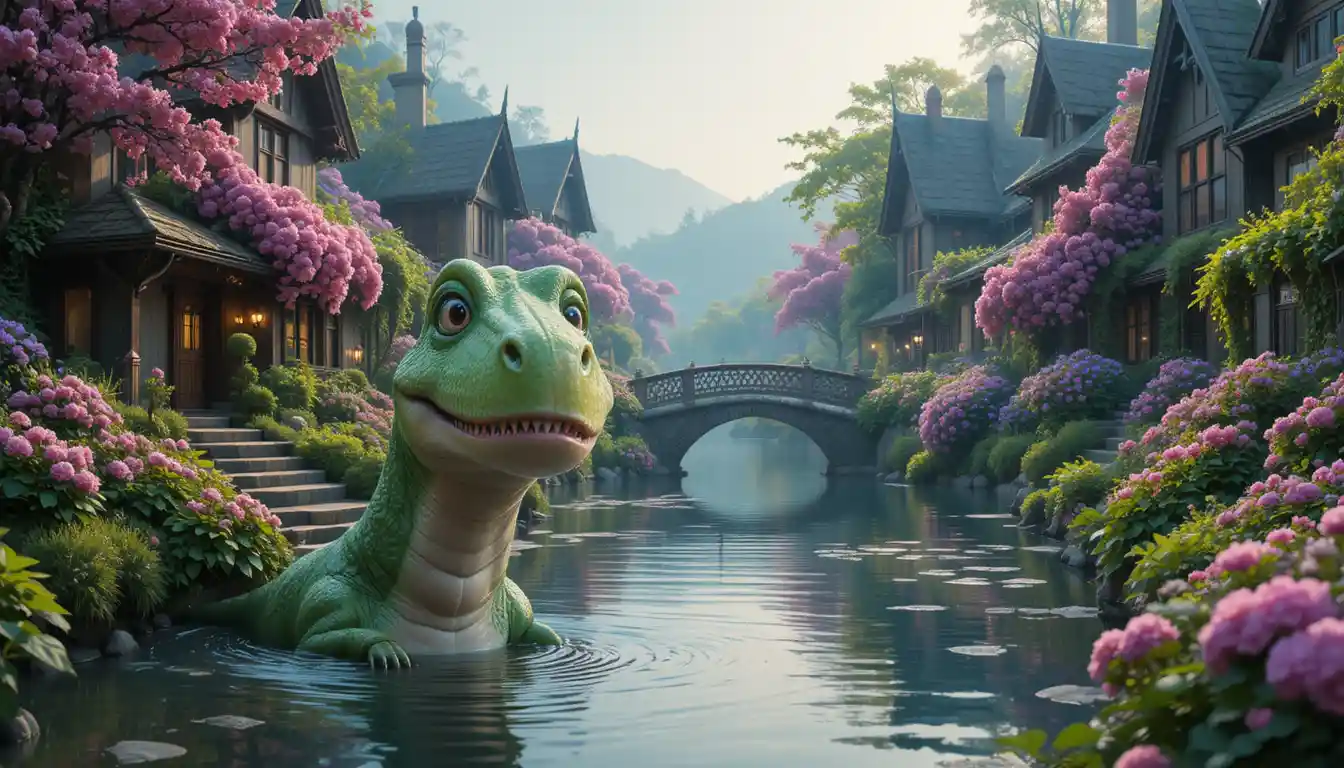 A curious dinosaur peeks above the water in a quiet canal