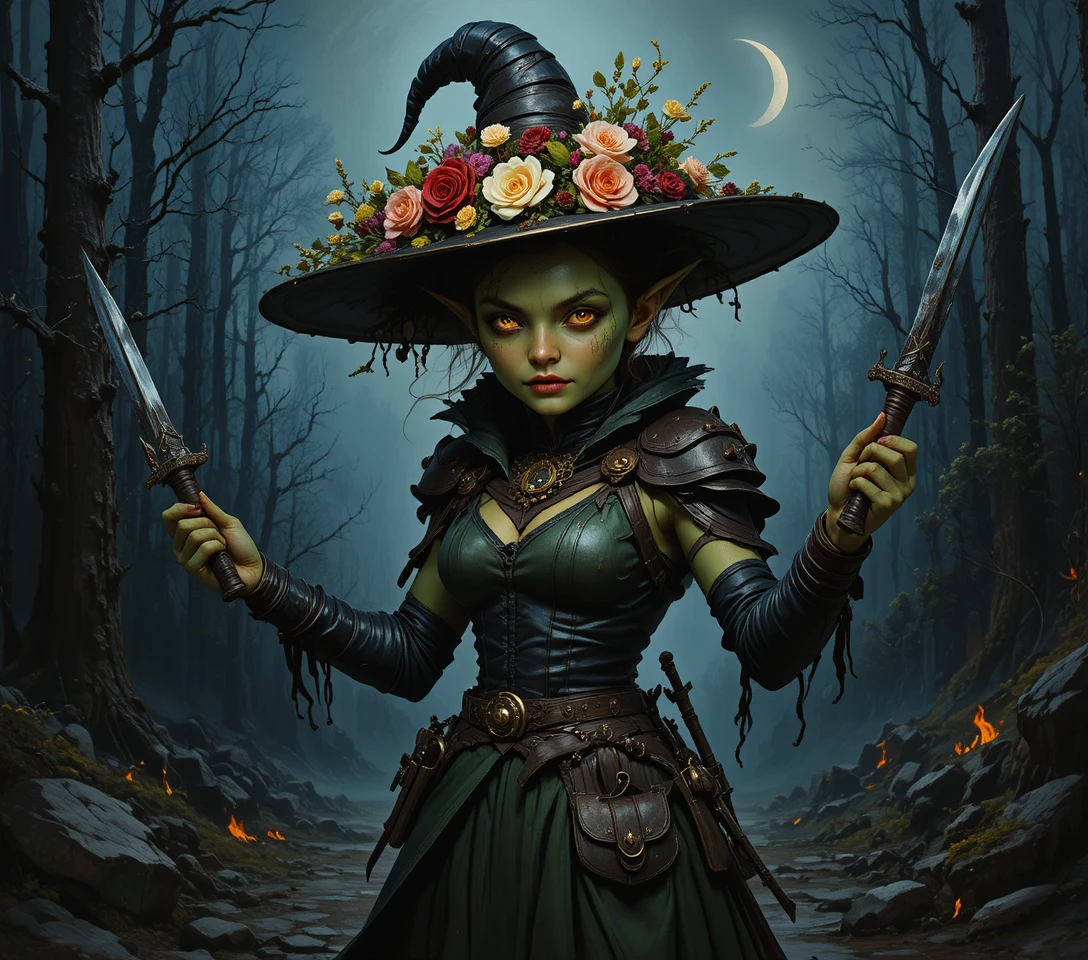 Eine elegante Frau mit einem schwarzen, blumengeschmückten Hut und einem Spitzenkleid