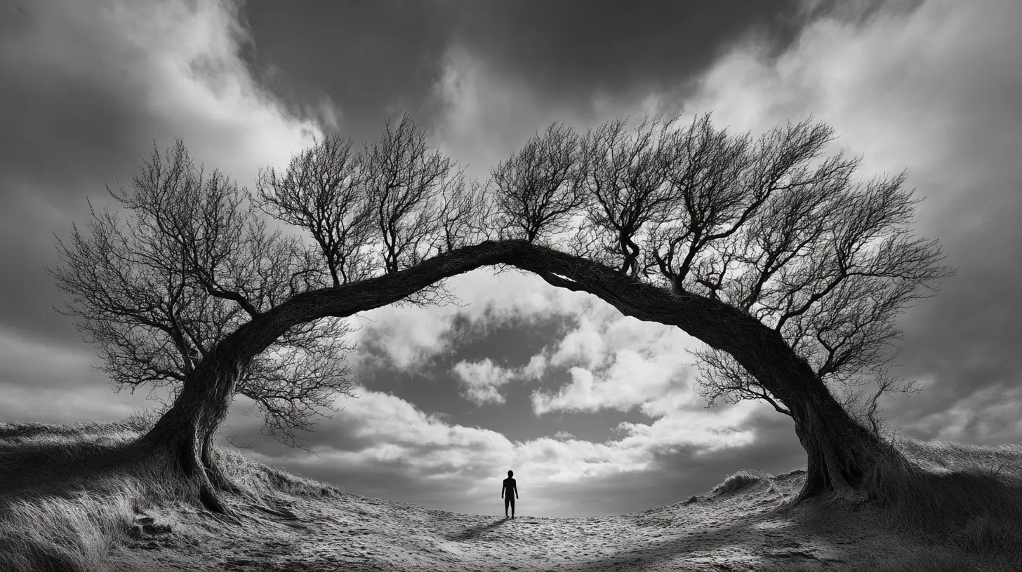 Alberi inclinati formano un arco sopra una figura solitaria