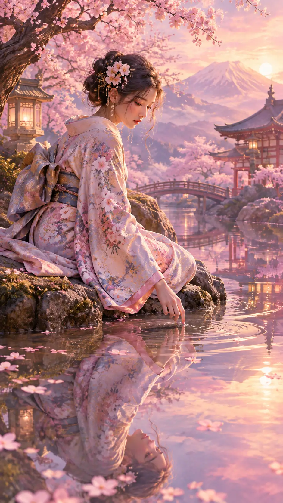 Una figura vestida con kimono en un paisaje onírico de suaves tonos pastel