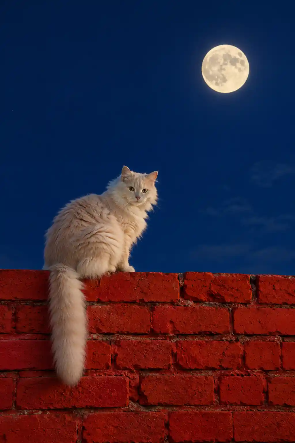 A cream colored cat sits beneath the full moon on a brick wall