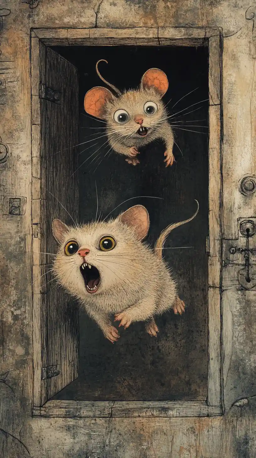 A panicked cat runs across a mouse station as a mouse prepares to land