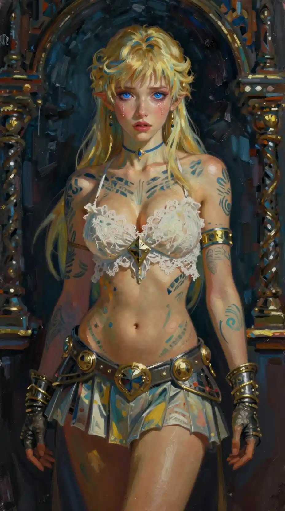La princesa de anime Artoria se alza con orgullo, con una armadura ornamentada y tatuajes tribales