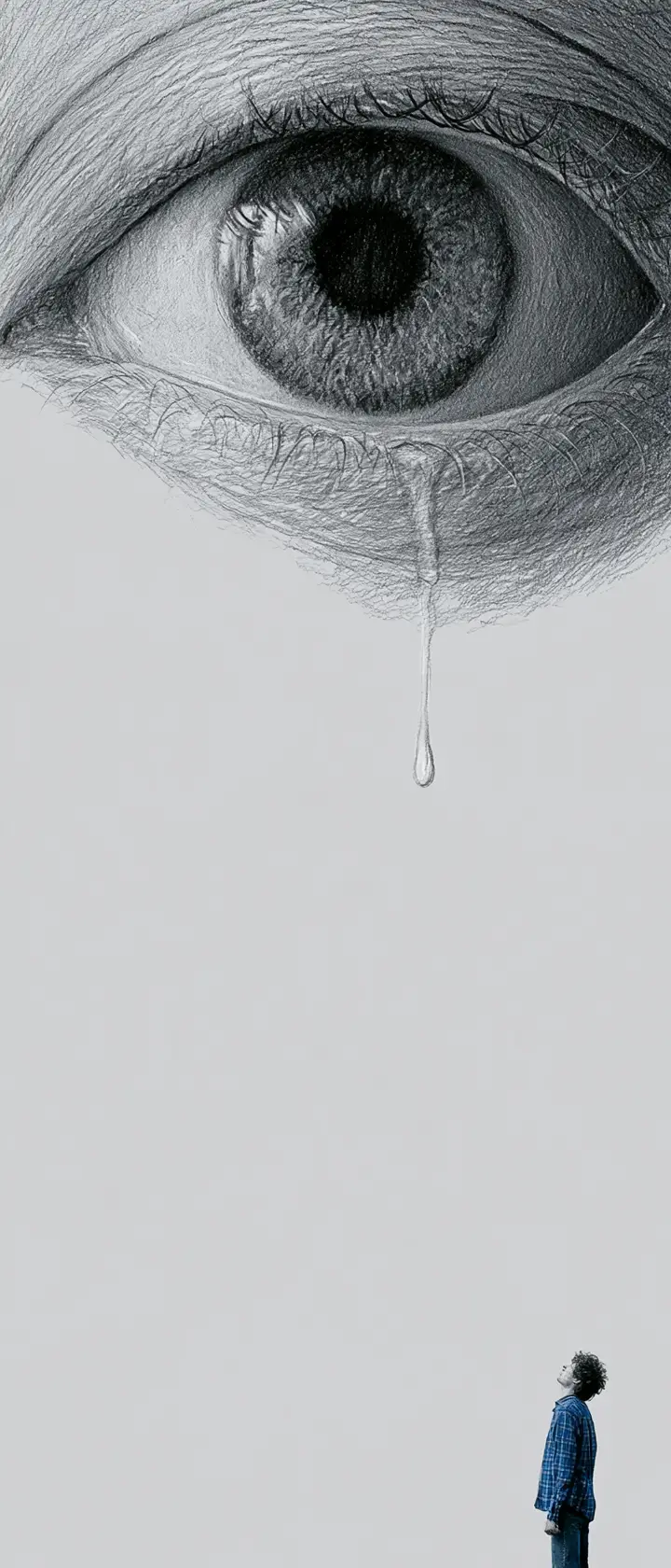 Un enorme occhio a grafite versa una pesante lacrima nello spazio vuoto