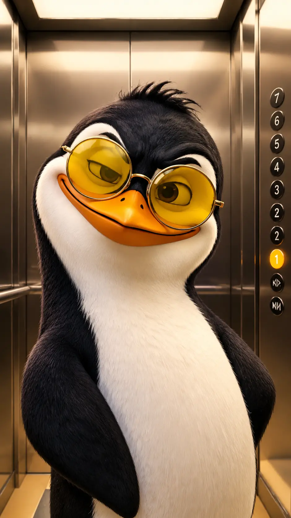 Um pinguim travesso sorri para a câmera usando óculos de sol amarelos dentro de um elevador