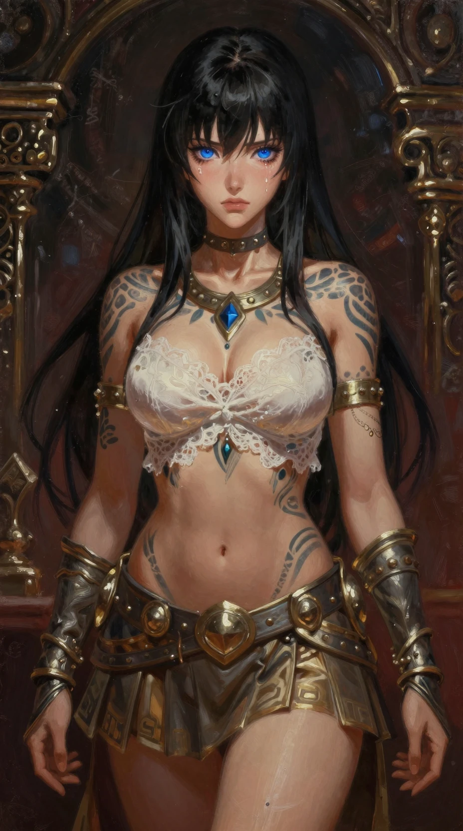 Princesa de anime con armadura ornamentada y ojos azules llorosos
