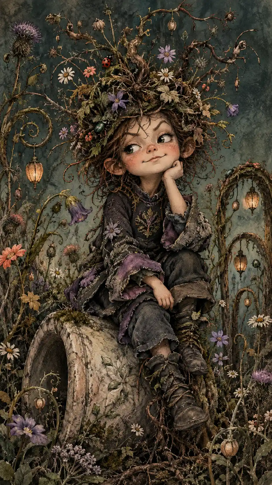 A woodland child wears a weed crown atop an overturned stone planter