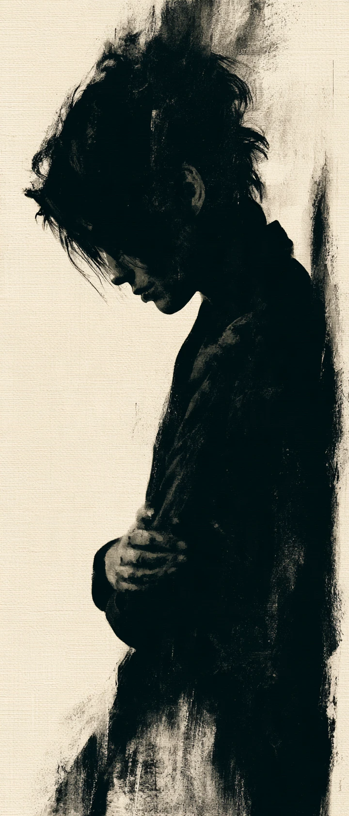 A dark-haired figure leans against a wall with folded arms