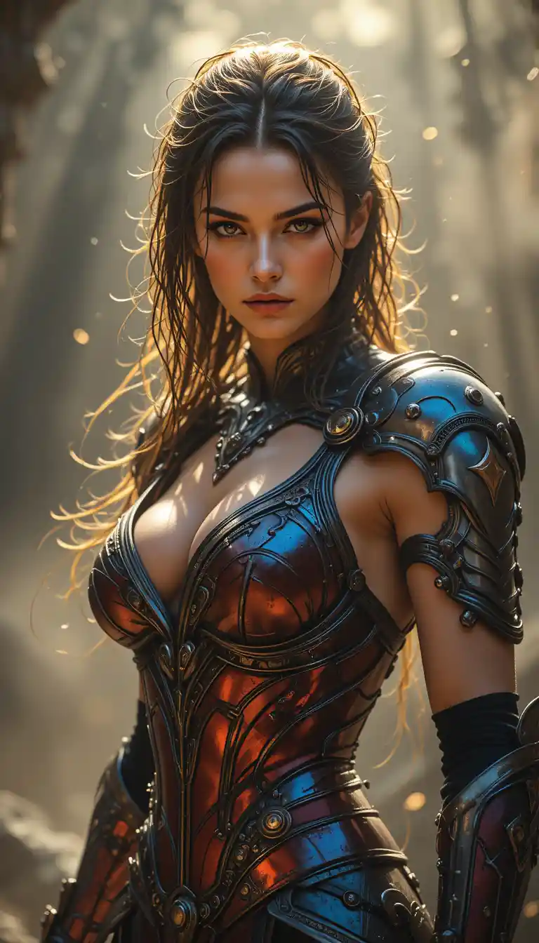 A warrior woman stands in sunlight, poised in ornate red and blue armor