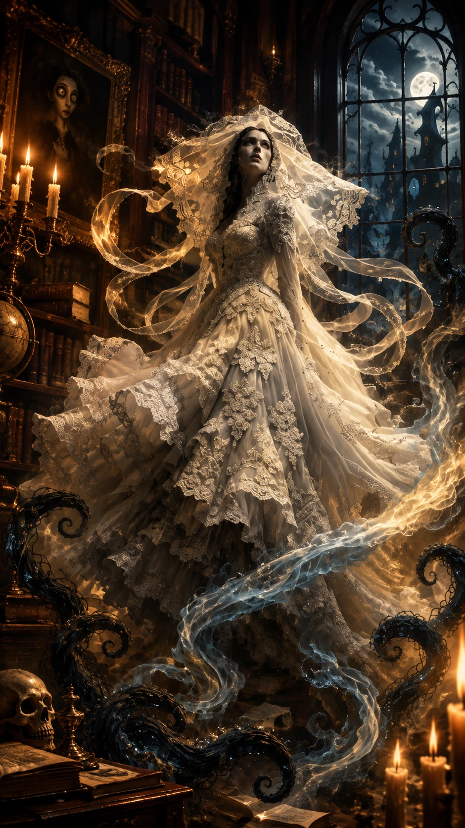 A Gothic Oil Painting in a Candlelit Victorian Library
