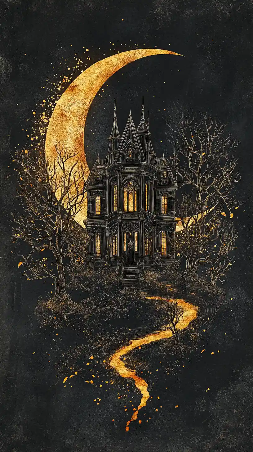 A filigreed crescent moon encloses a glowing victorian manor
