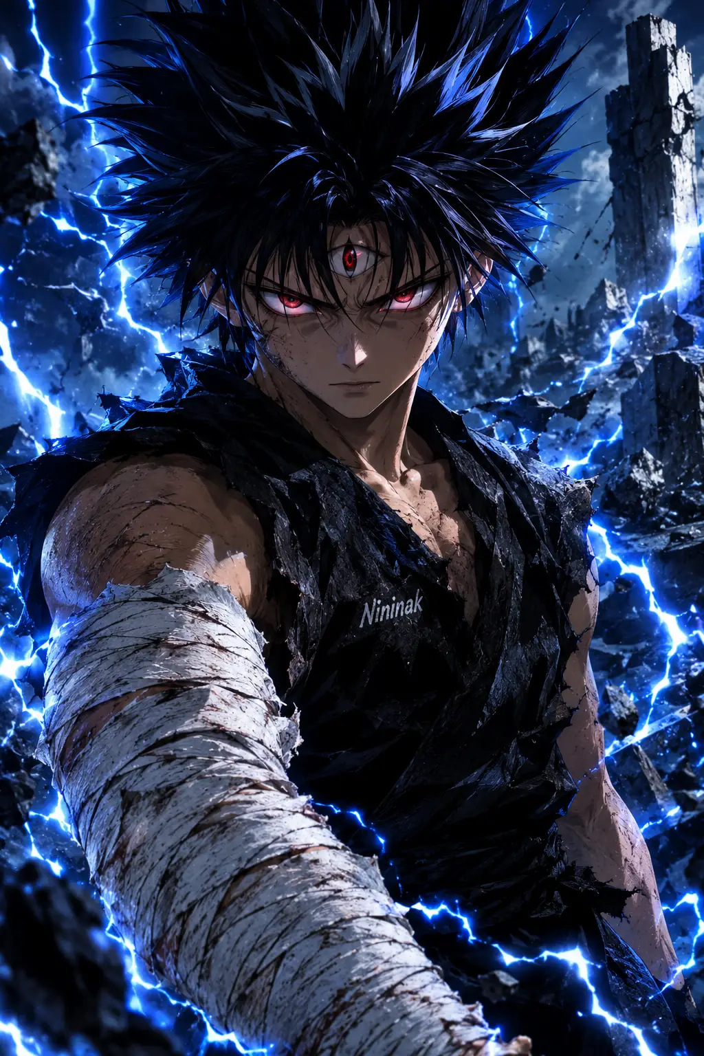El ojo Jagan de Hiei brilla mientras los rayos azules lo envuelven
