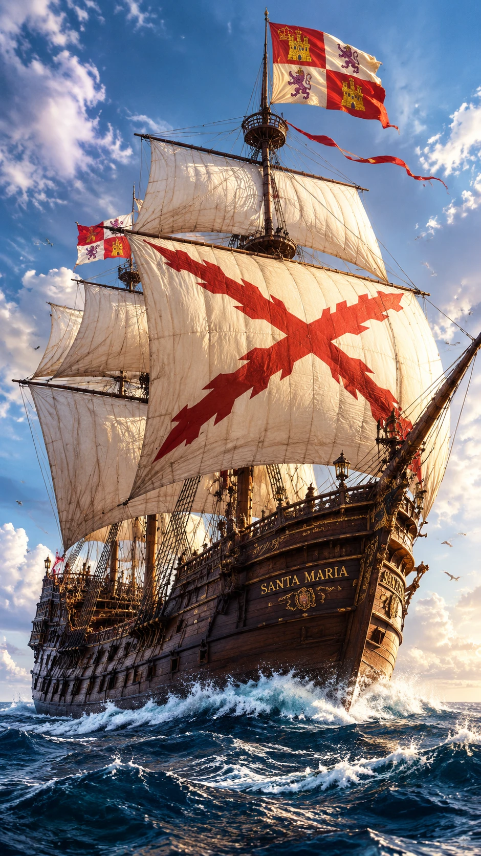 A Spanish Galleon Sailing Across the Open Ocean