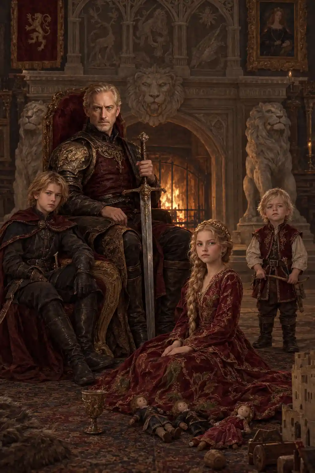 Una familia noble se reúne en torno al patriarca acorazado en un salón medieval