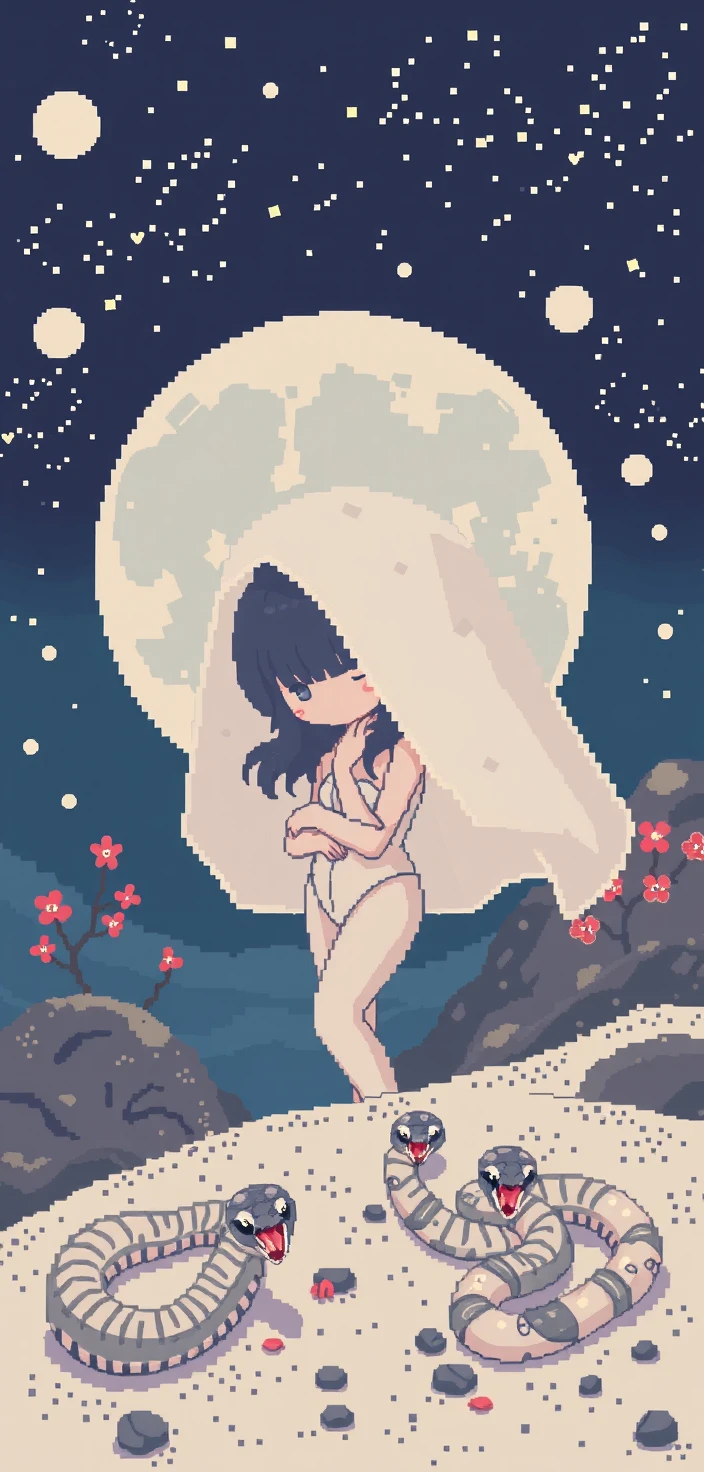 Pixel art girl in a moon bodysuit behind a moon veil