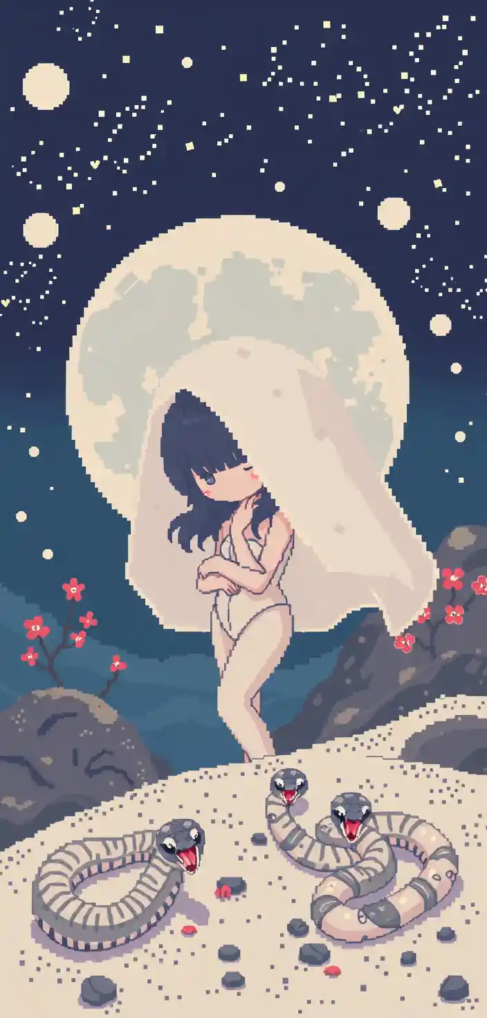 Pixel art girl in a moon bodysuit behind a moon veil
