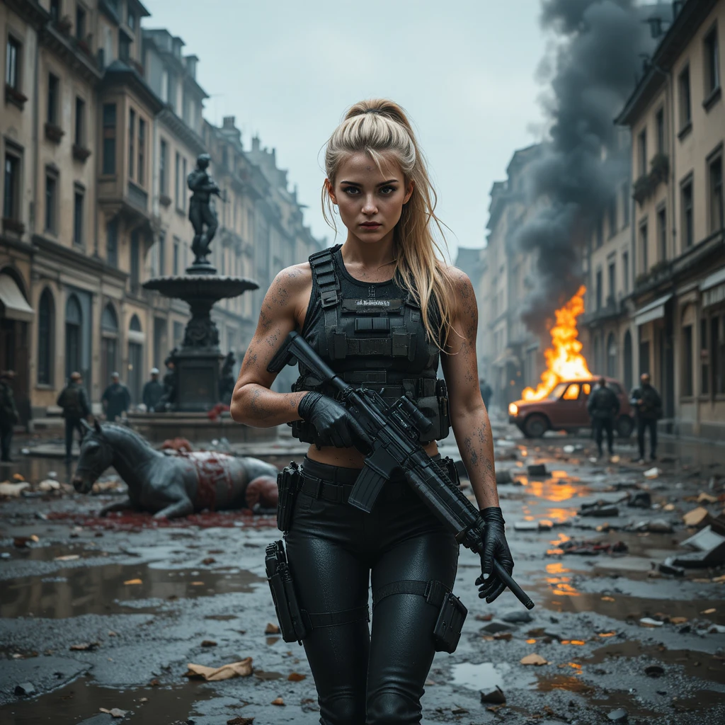 Blonde special forces operative crosses a war-torn city square