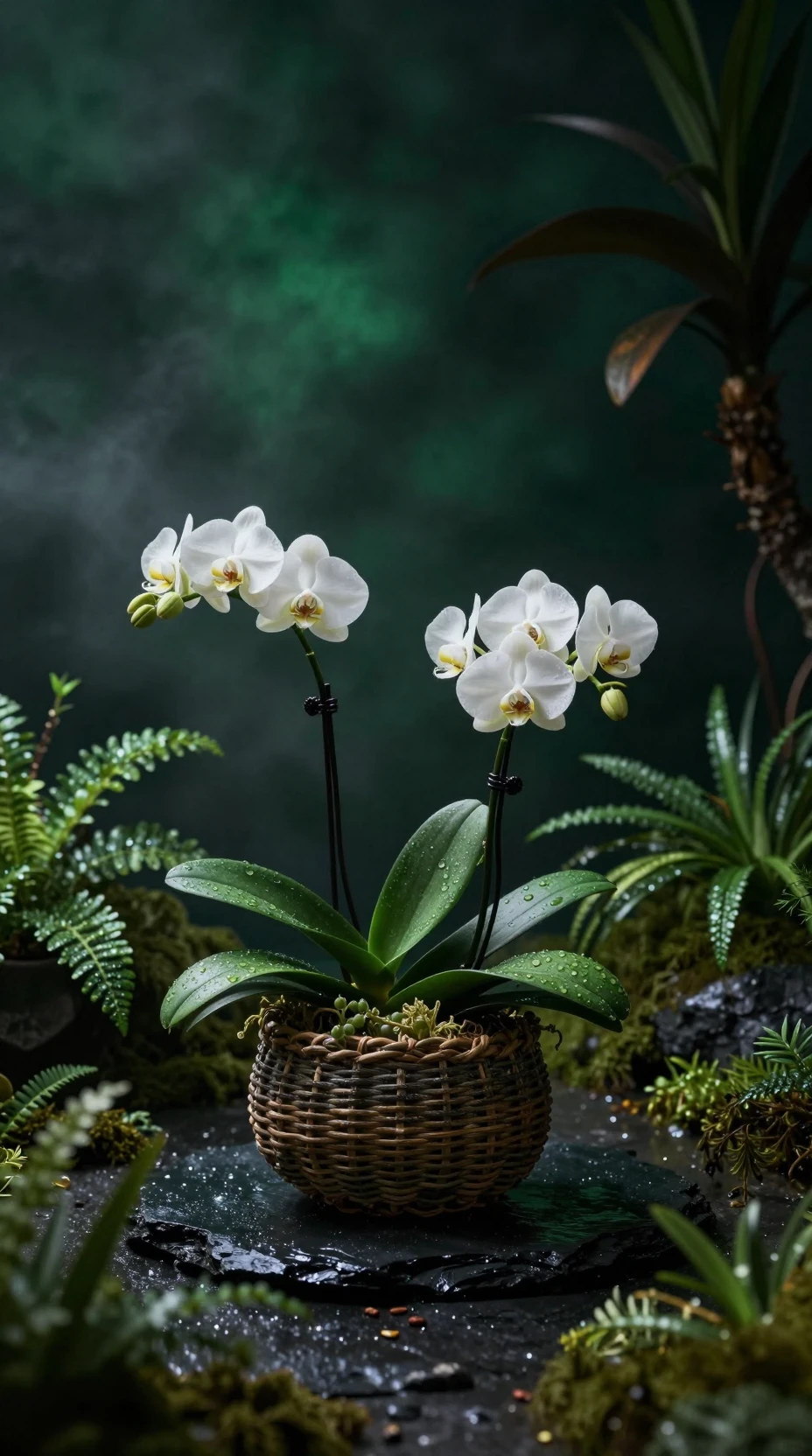 Blooming Flowers Rest in a Woven Basket on Wet Slate