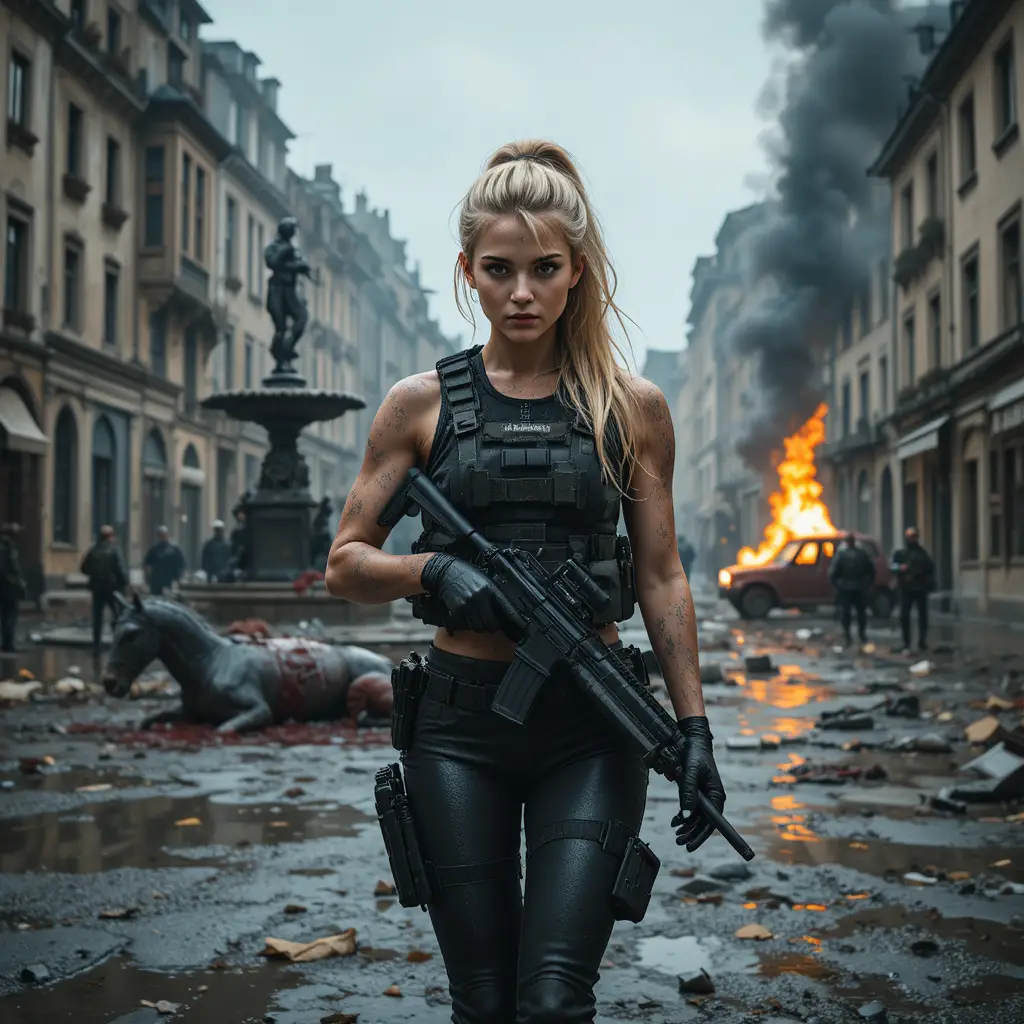 Blonde special forces operative crosses a war-torn city square