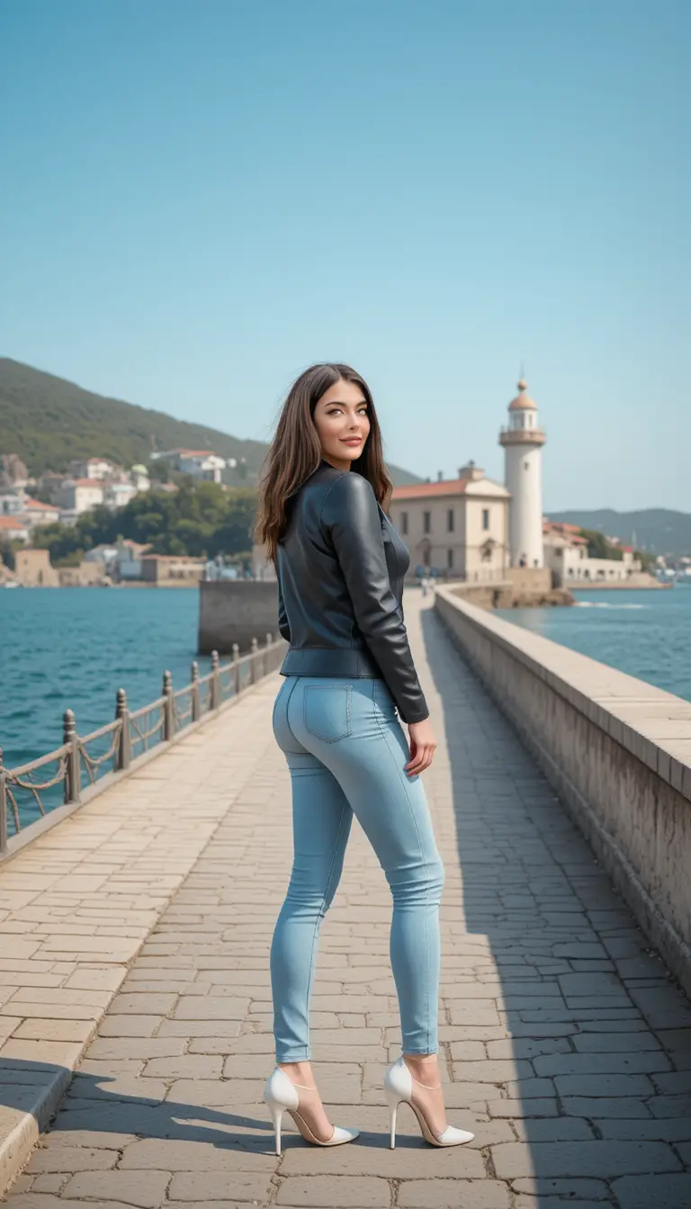 Donna sorridente si volta su una passeggiata soleggiata sul mare