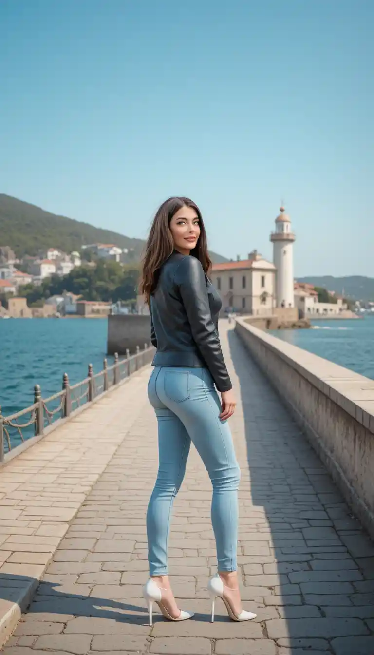 Smiling woman looks back along a sunny seaside walkway