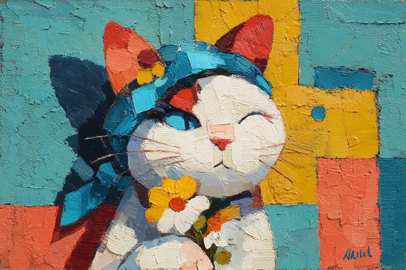 Un gatto geometrico tiene dei fiori in un audace dipinto cubista