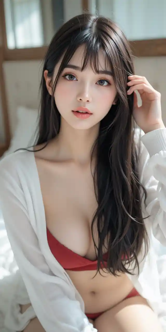Young East Asian woman reclines on a bed in soft window light
