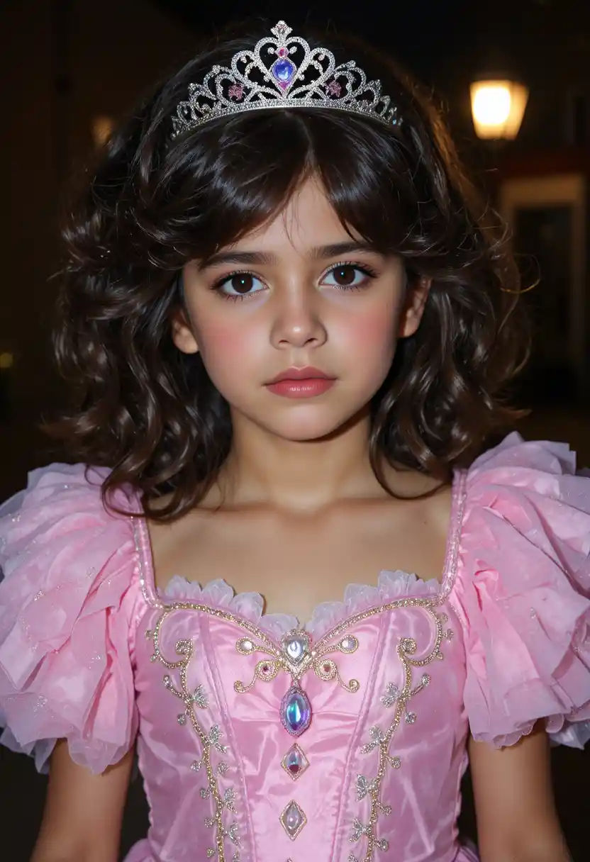 A nervous boy wears a pink princess dress outdoors at night