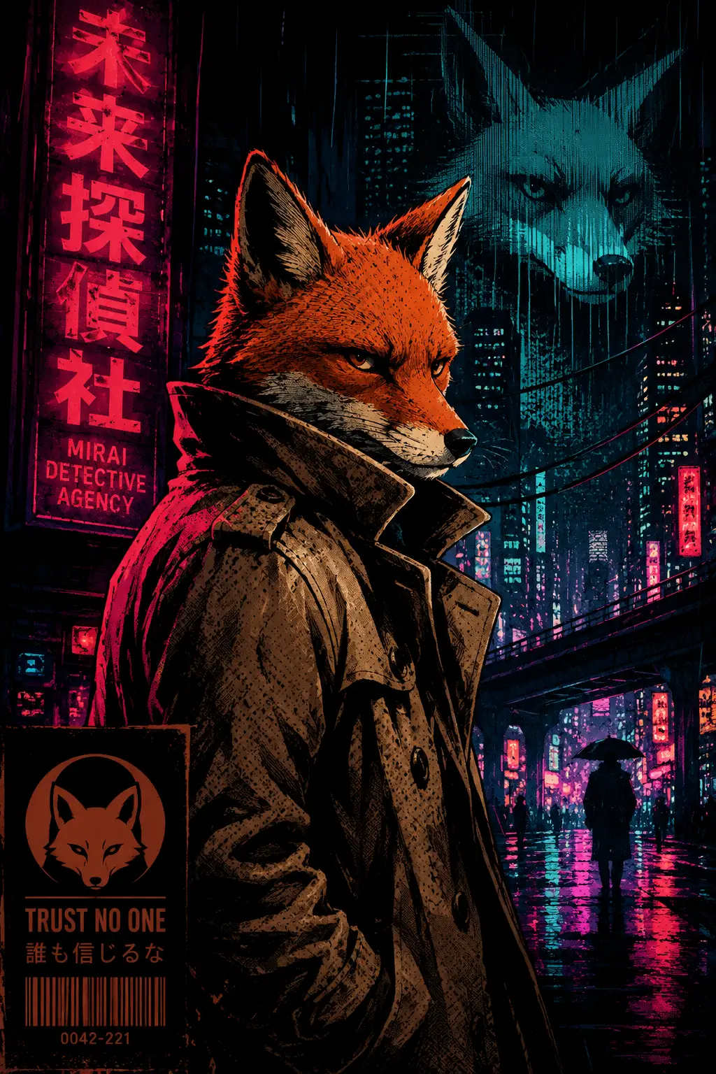 Um detetive raposa em uma cidade neon chuvosa, retratado em um pôster gráfico