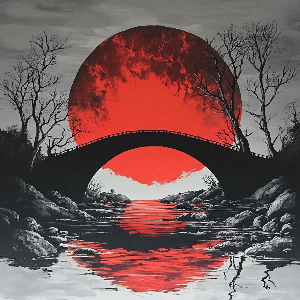 A giant crimson moon hangs above a bridge and reflects across rippling water
