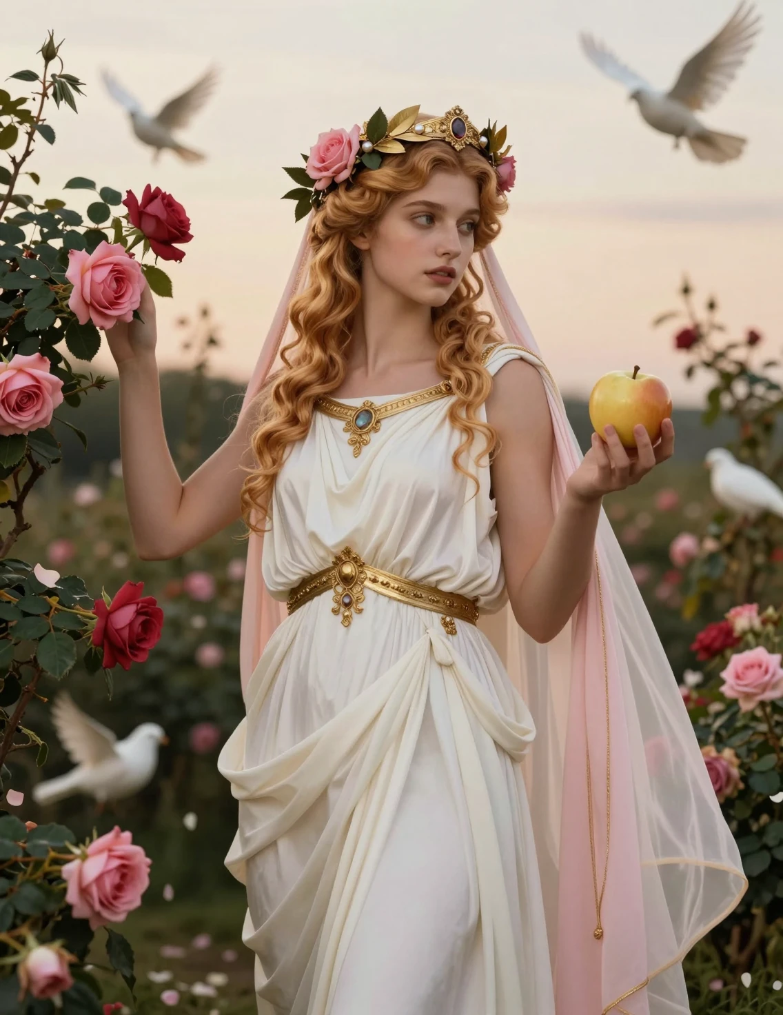Afrodita sostiene una manzana dorada en un jardín clásico de rosas