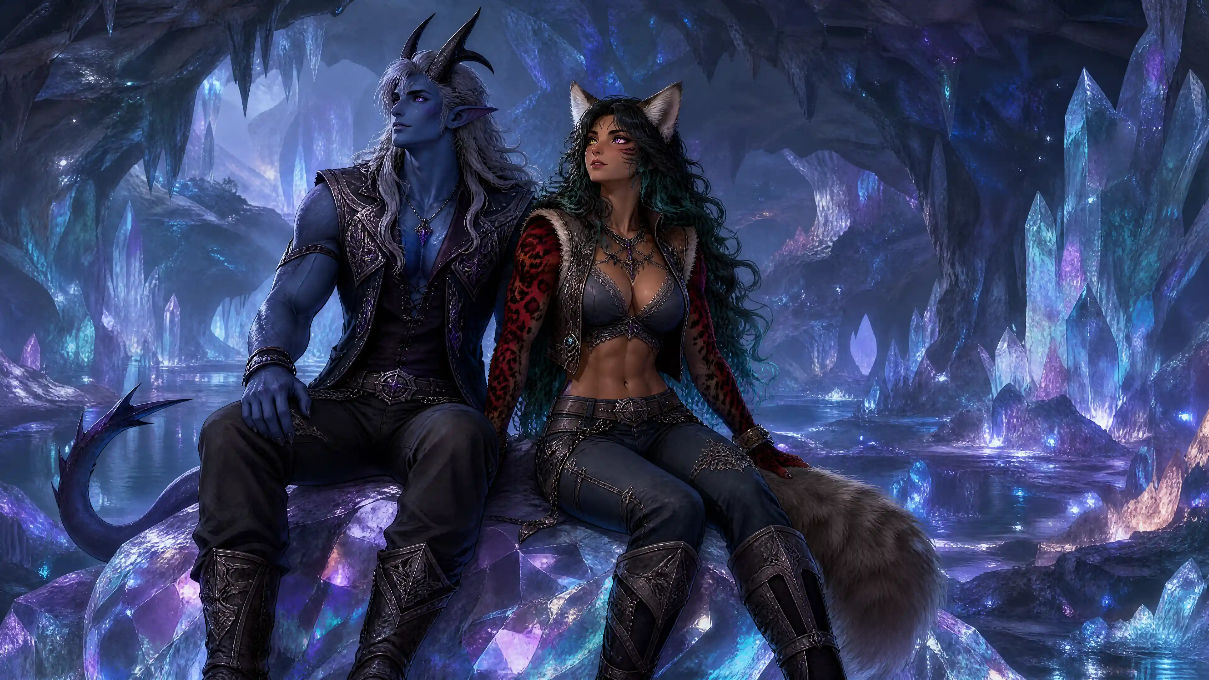 A blue demon and beastborn huntress sit on a crystal in a cavern