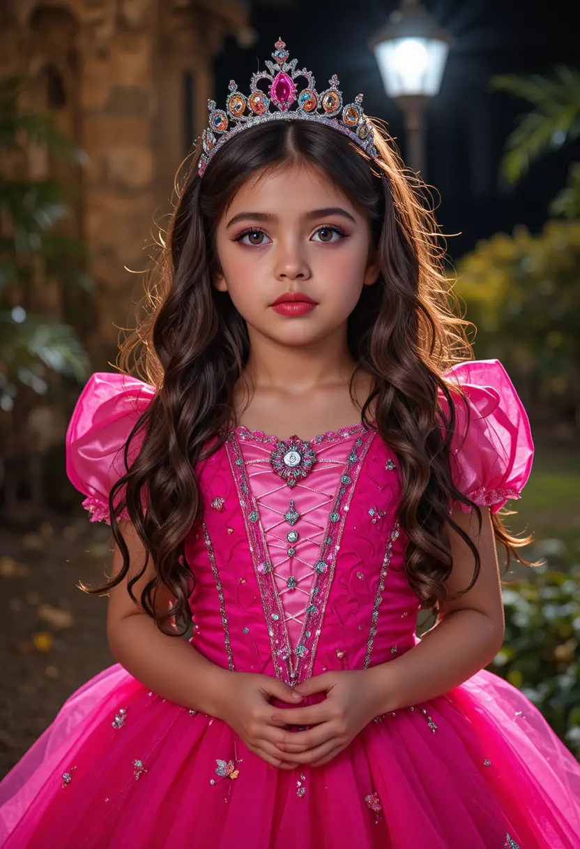 A Nervous Boy Wears a Princess Dress for Halloween Outdoors at Night