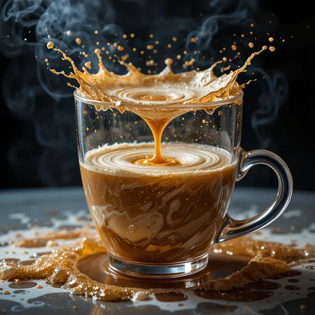 Latte art cosmica con galassie vorticose in una tazza di vetro trasparente