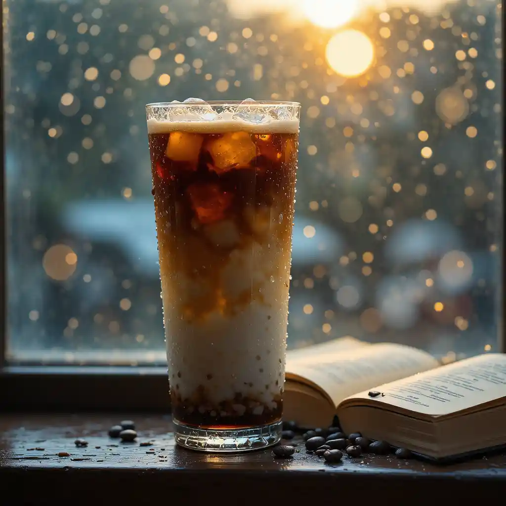 Layered iced coffee rests on a rain-slicked cafe window sill