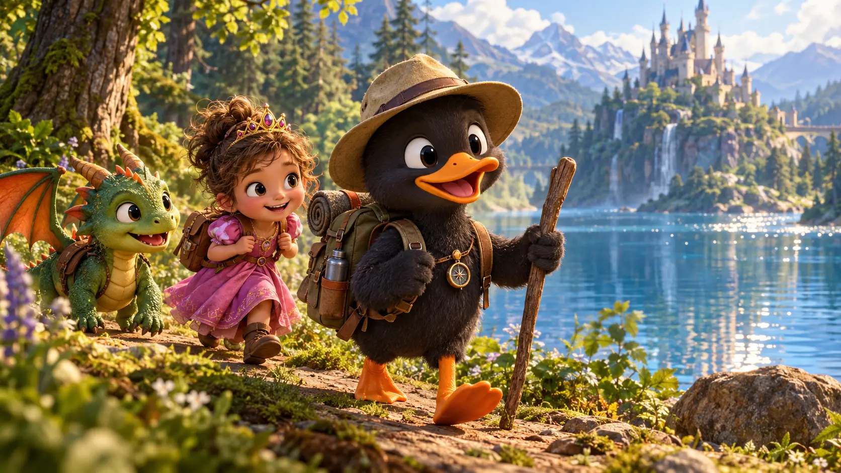 Um pequeno pato explora um lago na floresta com uma mochila e um chapéu de explorador