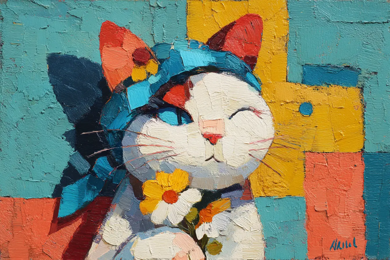 Un gatto geometrico tiene dei fiori in un audace dipinto cubista
