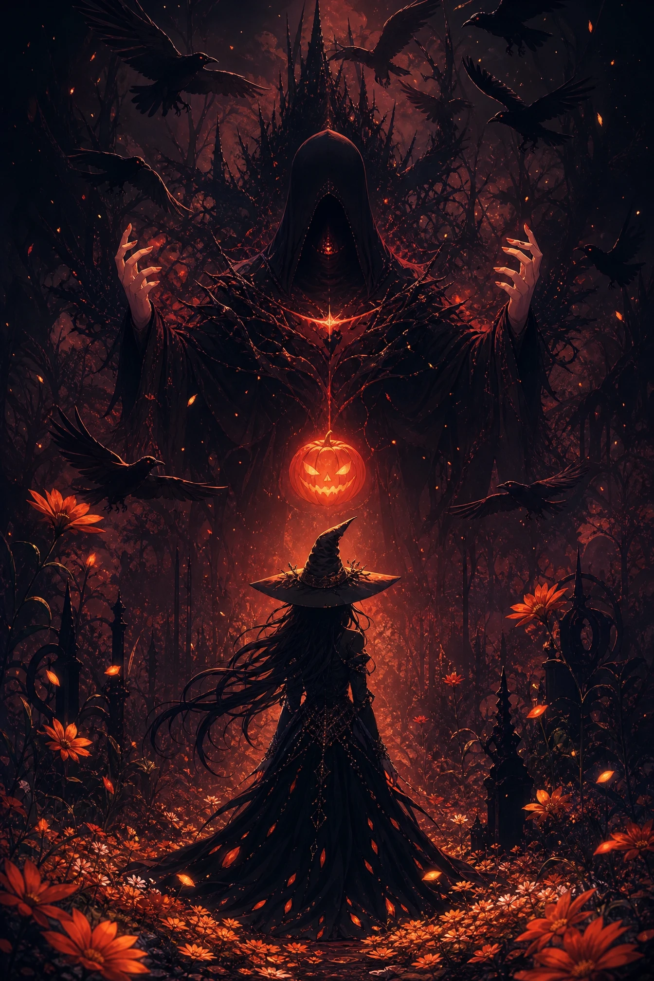 A witch faces a hooded shadow in a glowing autumn forest