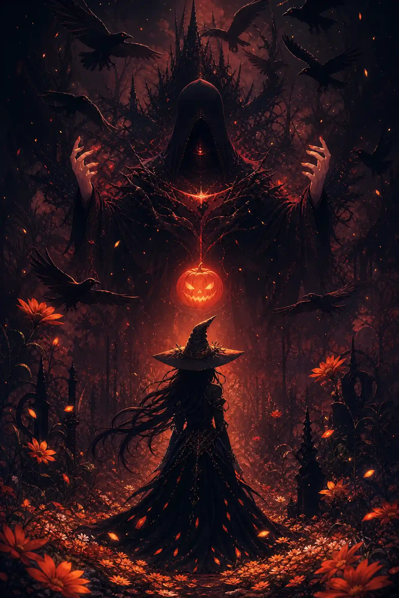 A witch faces a hooded shadow in a glowing autumn forest