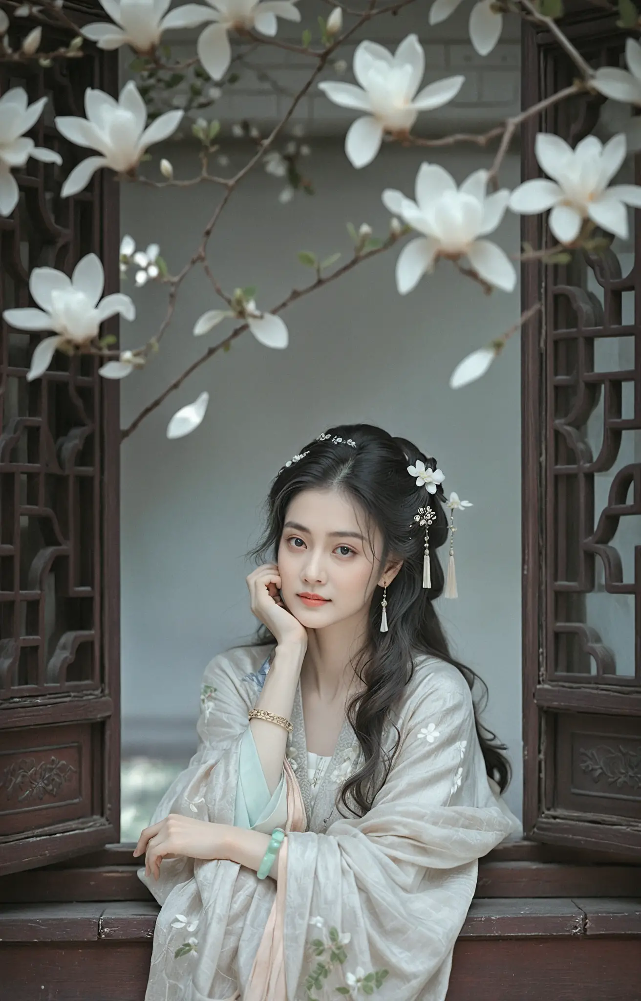 A woman in traditional Hanfu rests beside a carved lattice window