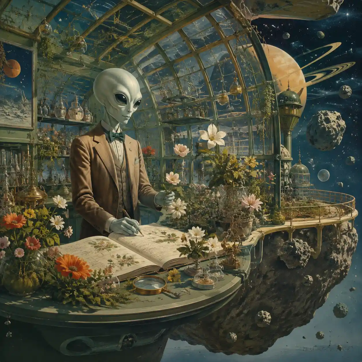 An Alien Botanist Catalogues Earth Flowers in a Greenhouse on a Floating Asteroid