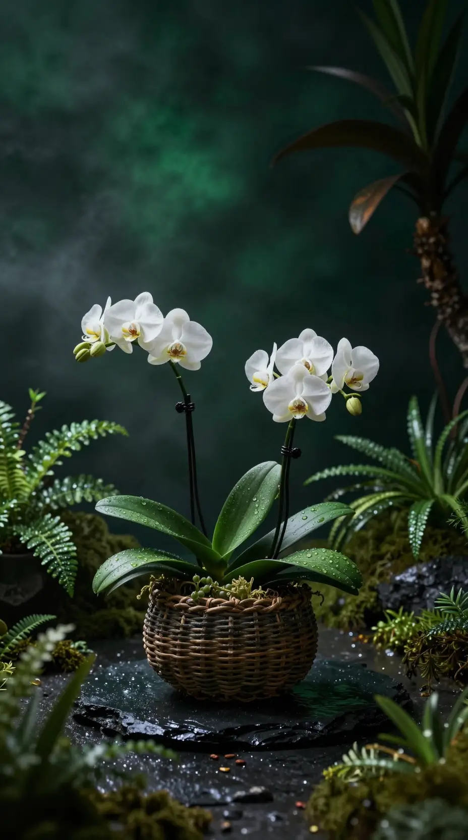 Blühende Blumen ruhen in einem geflochtenen Korb auf nassem Schiefer