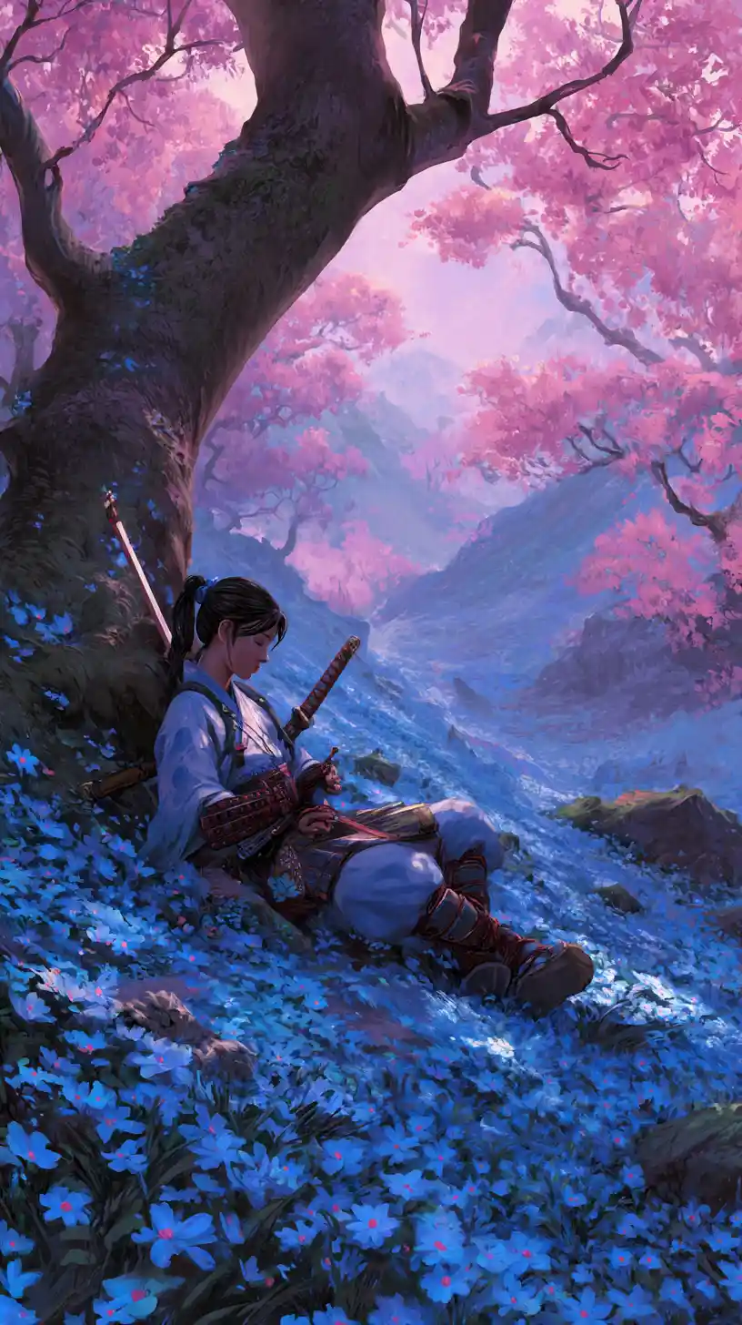 A samurai girl relaxes beneath cherry blossoms in a landscape of blue flowers