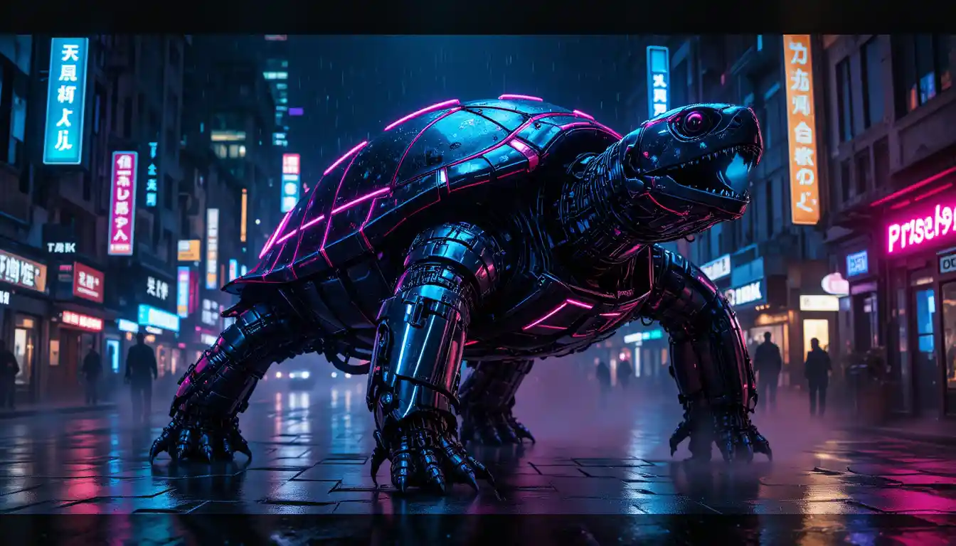A cybernetic sea turtle robot stands on a rain slicked neon street