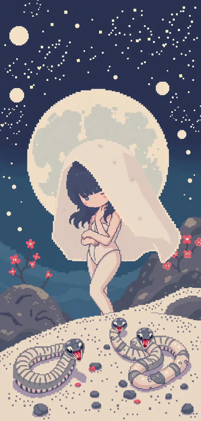 Pixel art girl in a moon bodysuit behind a moon veil