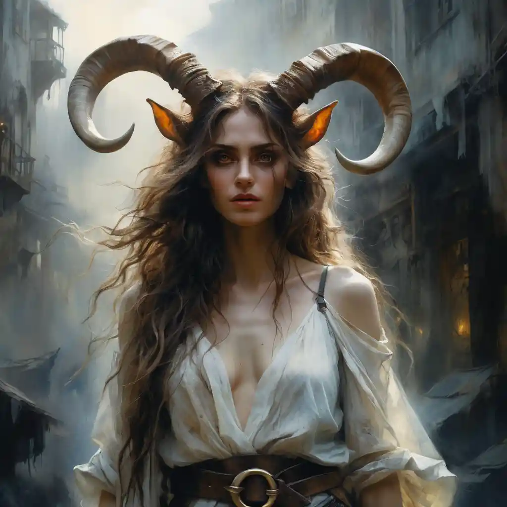 Una donna cornuta emerge dalla nebbia in un ritratto fantasy onirico
