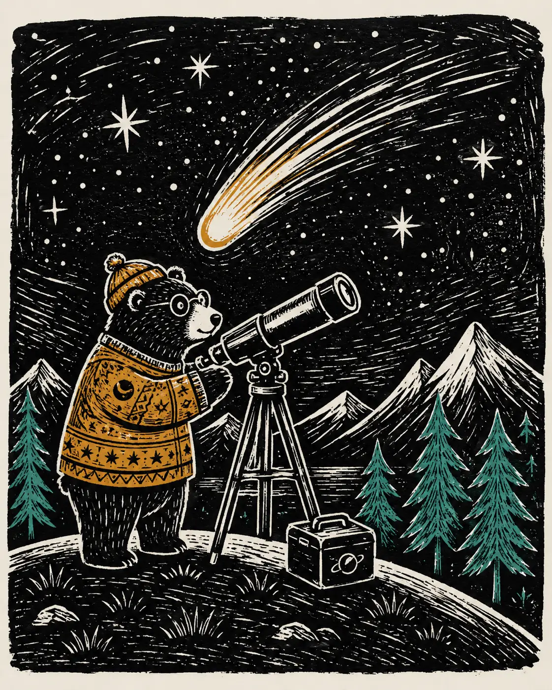 Un oso astrónomo observa un cometa desde lo alto de una colina